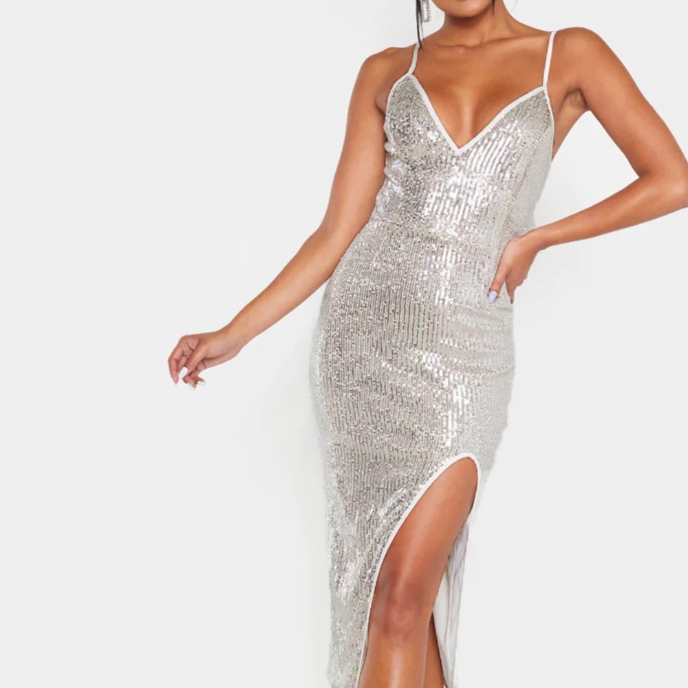 Prettylittlething Silver Sequin Midi dress